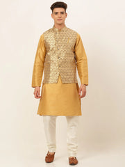 Men's Solid Kurta Pyjama With Nehru Jacket ( JOKPWC DG-D 4048Golden )-JOKPWC-DG-D-4048