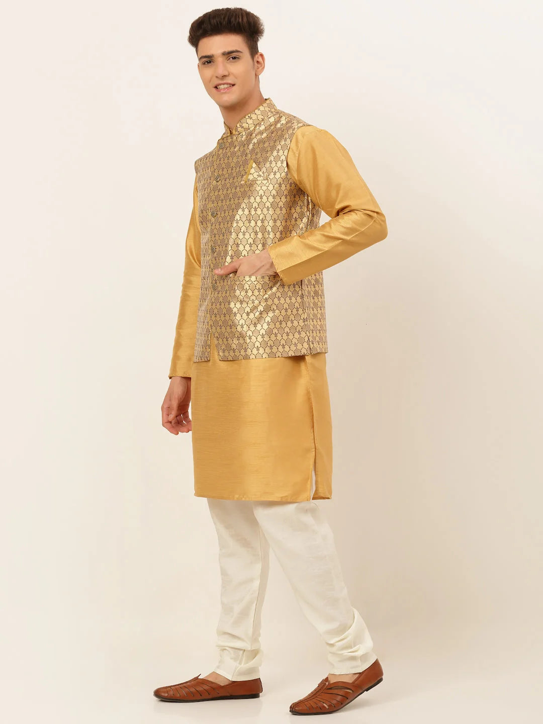 Shop Golden Mens Kurta Pajama Set with Nehru Jacket | Cotton