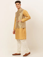 Men's Solid Kurta Pyjama With Nehru Jacket ( JOKPWC DG-D 4048Golden )-JOKPWC-DG-D-4048