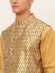 Men's Solid Kurta Pyjama With Nehru Jacket ( JOKPWC DG-D 4048Golden )-JOKPWC-DG-D-4048