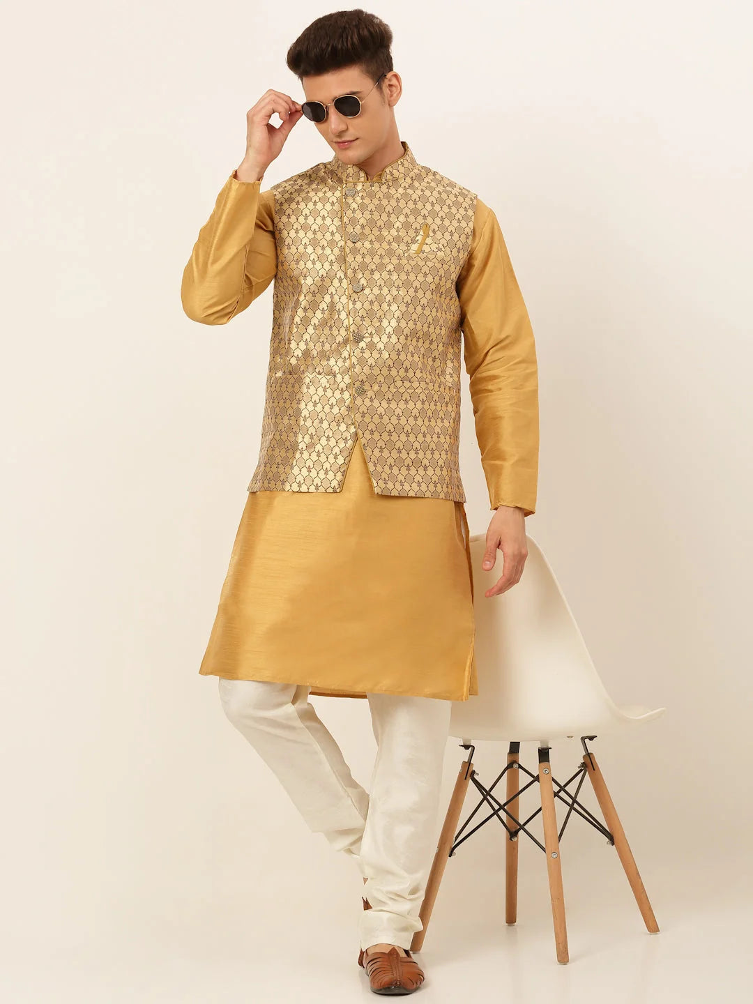 Shop Golden Mens Kurta Pajama Set with Nehru Jacket | Cotton