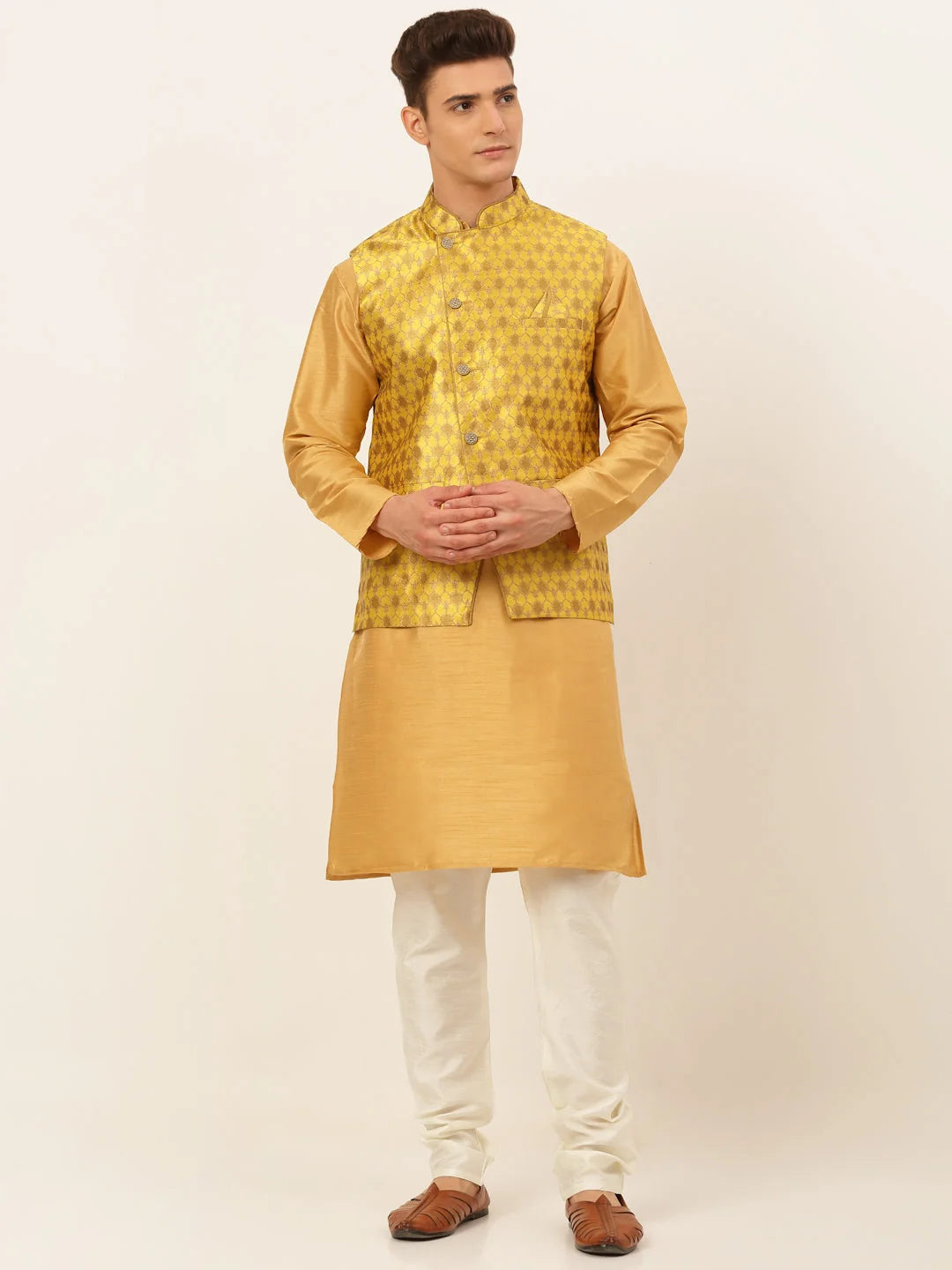 Mustard Cotton Mens Kurta Pajama Set with Nehru Jacket | Solid