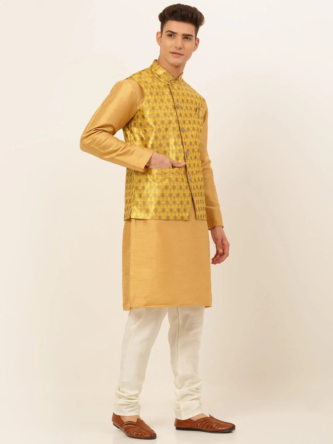 Mustard Cotton Mens Kurta Pajama Set with Nehru Jacket | Solid