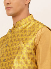 Men's Solid Kurta Pyjama With Nehru Jacket ( JOKPWC DG-D 4048Mustard )-JOKPWC-DG-D-4048