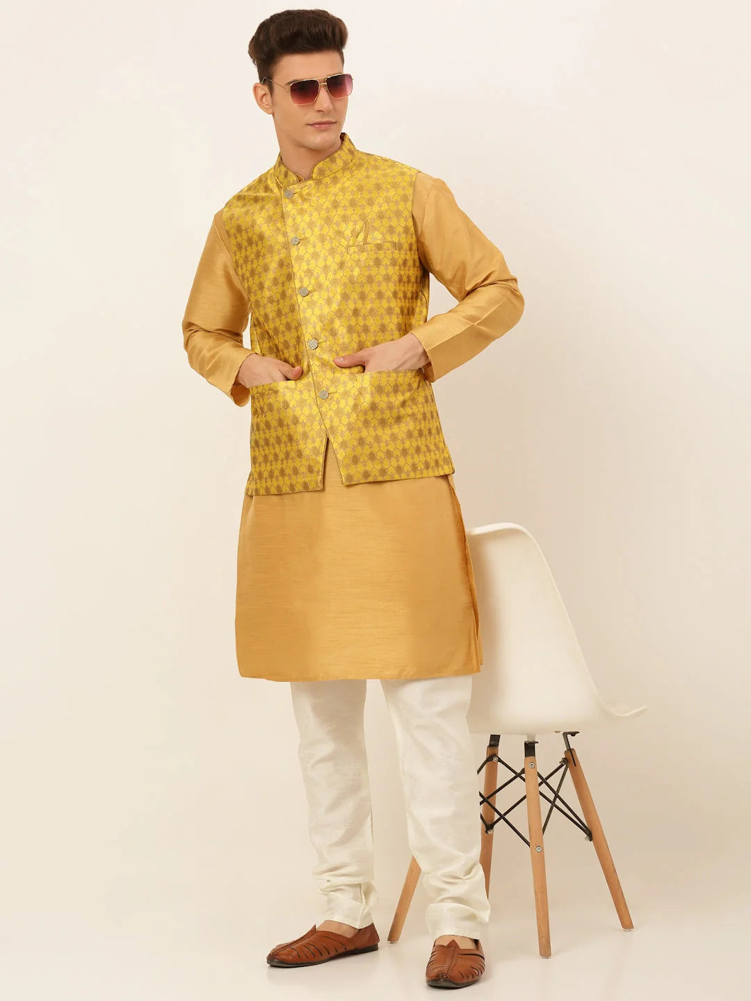 Mustard Cotton Mens Kurta Pajama Set with Nehru Jacket | Solid