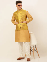 Men's Solid Kurta Pyjama With Nehru Jacket ( JOKPWC DG-D 4048Mustard )-JOKPWC-DG-D-4048