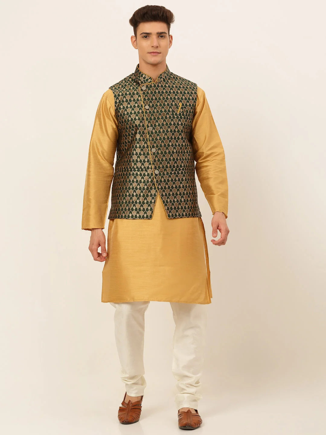 Olive Solid Mens Kurta Pajama with Nehru Jacket | Cotton Fabric