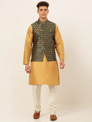 Men's Solid Kurta Pyjama With Nehru Jacket ( JOKPWC DG-D 4048Olive )-JOKPWC-DG-D-4048