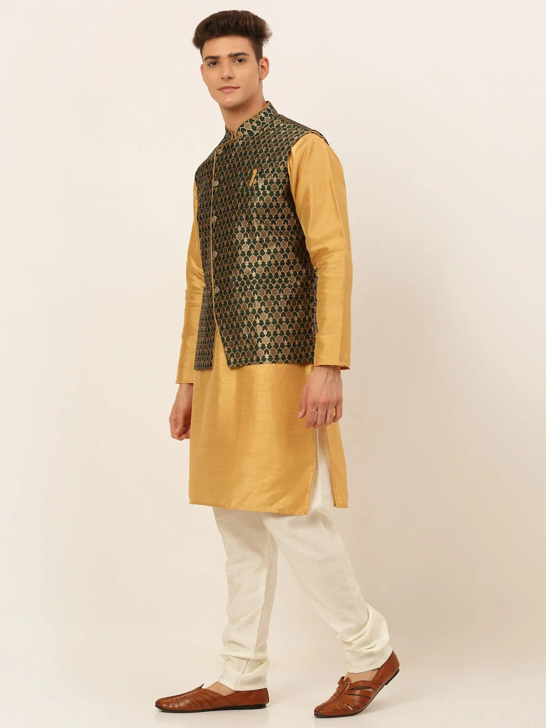 Olive Solid Mens Kurta Pajama with Nehru Jacket | Cotton Fabric