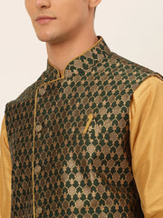 Men's Solid Kurta Pyjama With Nehru Jacket ( JOKPWC DG-D 4048Olive )-JOKPWC-DG-D-4048