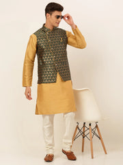 Men's Solid Kurta Pyjama With Nehru Jacket ( JOKPWC DG-D 4048Olive )-JOKPWC-DG-D-4048