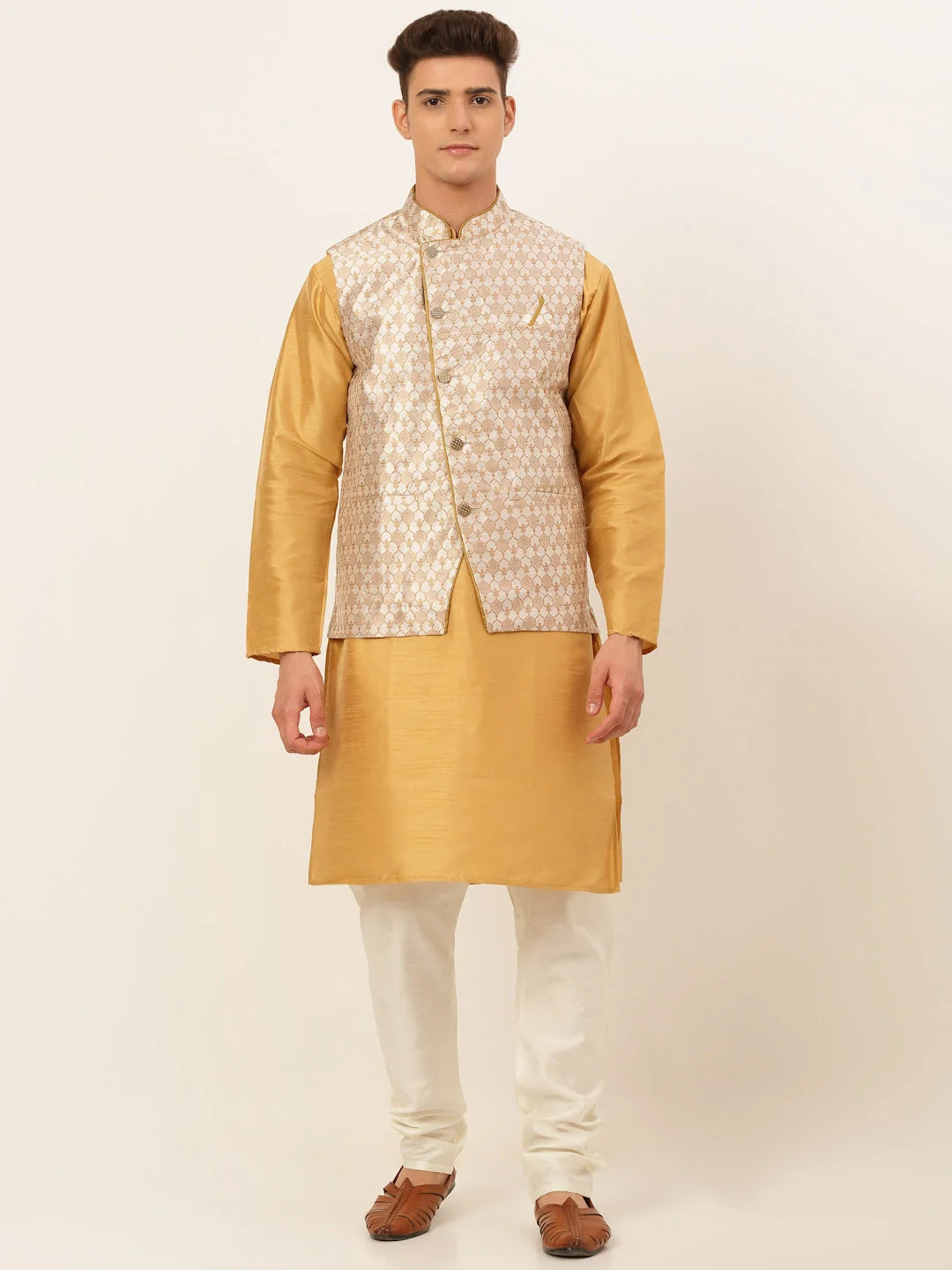 Silver Mens Kurta Pajama Set with Nehru Jacket | Cotton Blend