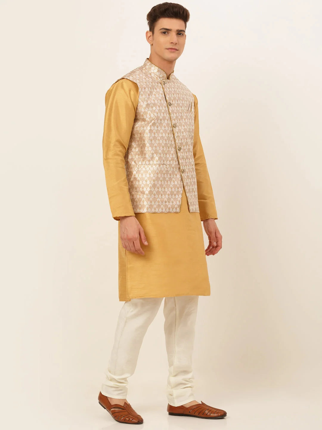 Silver Mens Kurta Pajama Set with Nehru Jacket | Cotton Blend