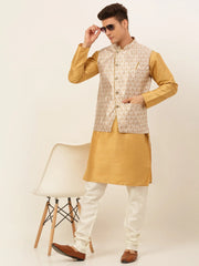 Men's Solid Kurta Pyjama With Nehru Jacket ( JOKPWC DG-D 4048Silver )-JOKPWC-DG-D-4048