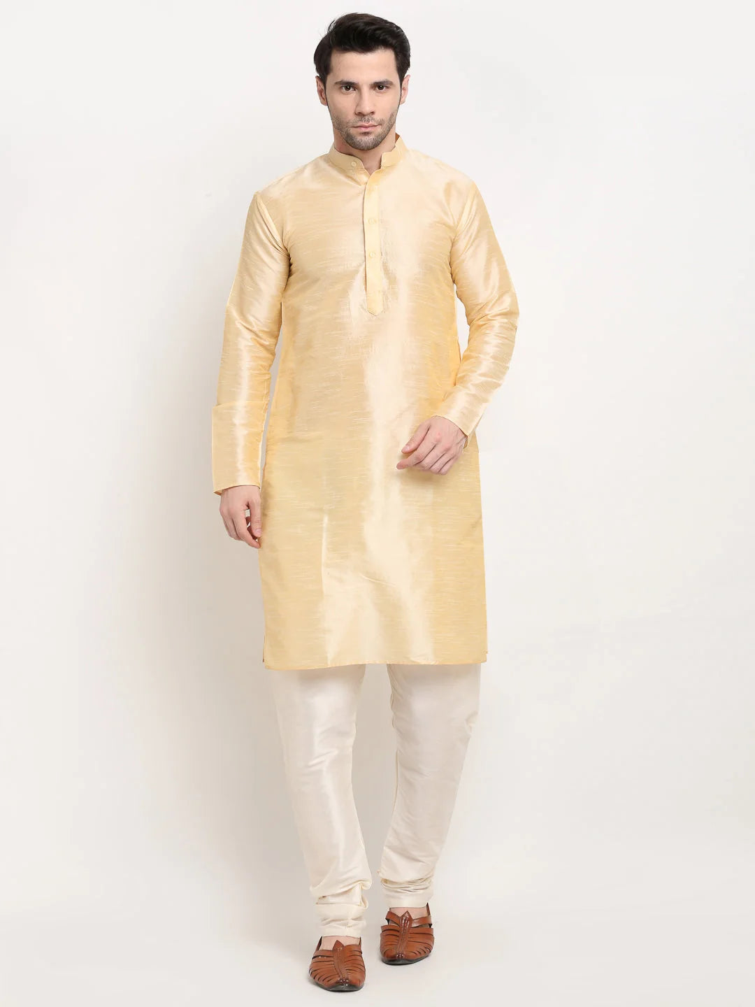Stylish Mens Kurta Pajama Set with Nehru Jacket in Golden Silk