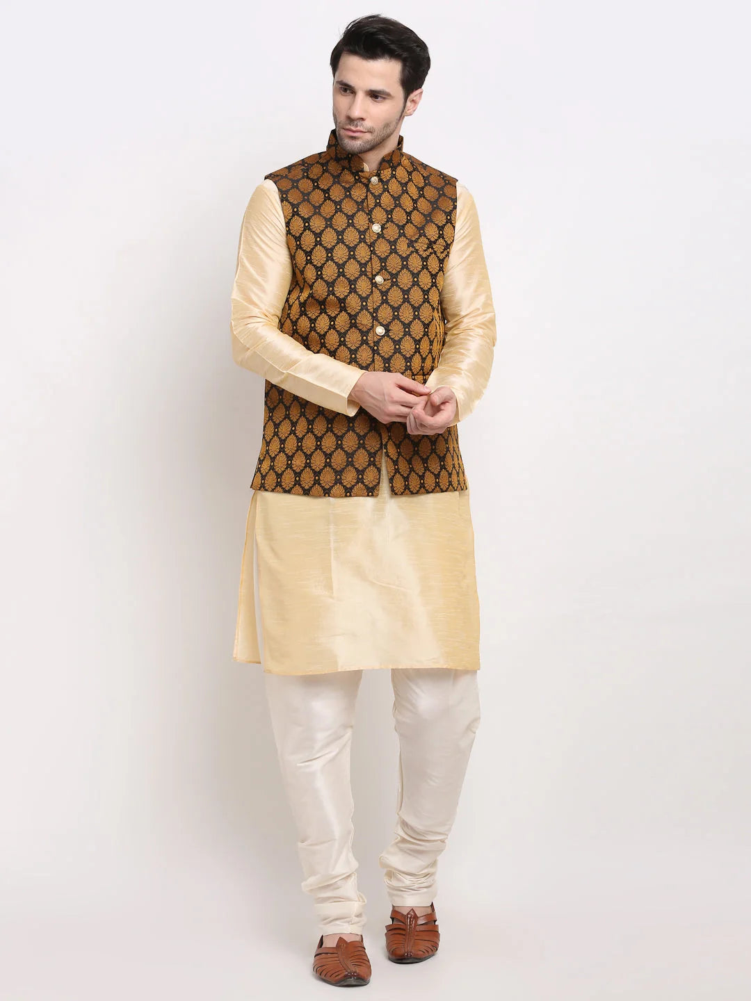Stylish Mens Kurta Pajama Set with Nehru Jacket in Golden Silk