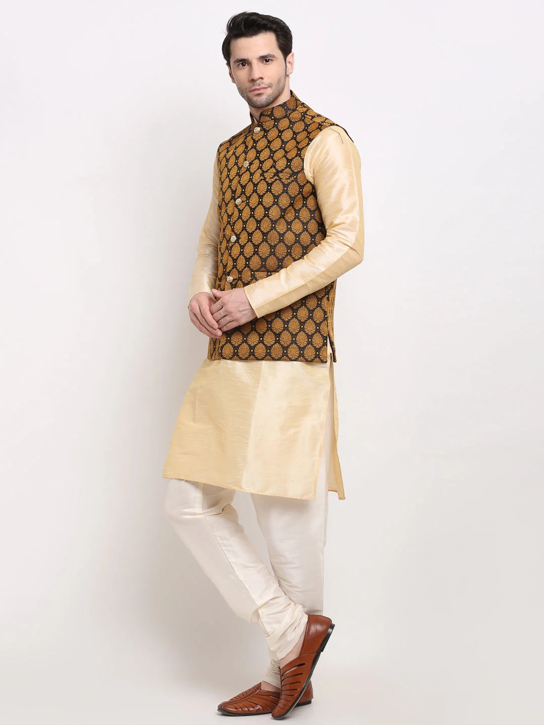 Stylish Mens Kurta Pajama Set with Nehru Jacket in Golden Silk