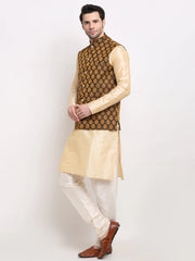 Men's Golden Dupion Silk Kurta with Churidar & Nehru Jacket