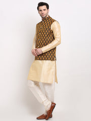 Men's Golden Dupion Silk Kurta with Churidar & Nehru Jacket