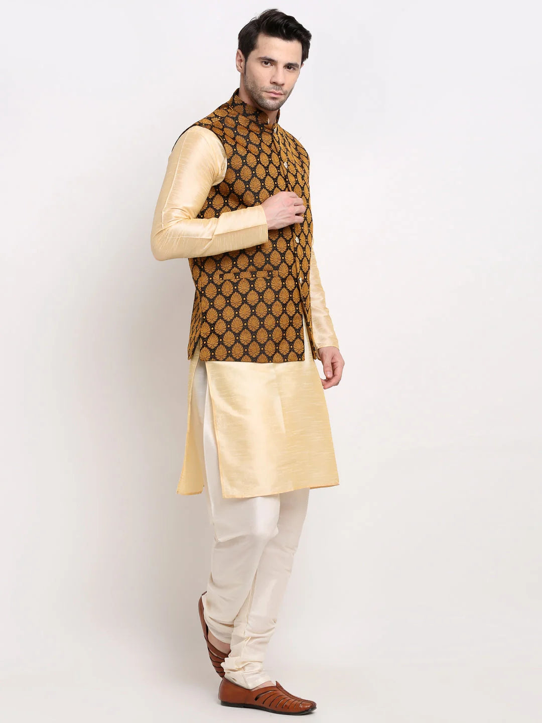 Stylish Mens Kurta Pajama Set with Nehru Jacket in Golden Silk
