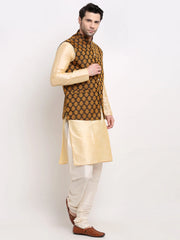 Men's Golden Dupion Silk Kurta with Churidar & Nehru Jacket