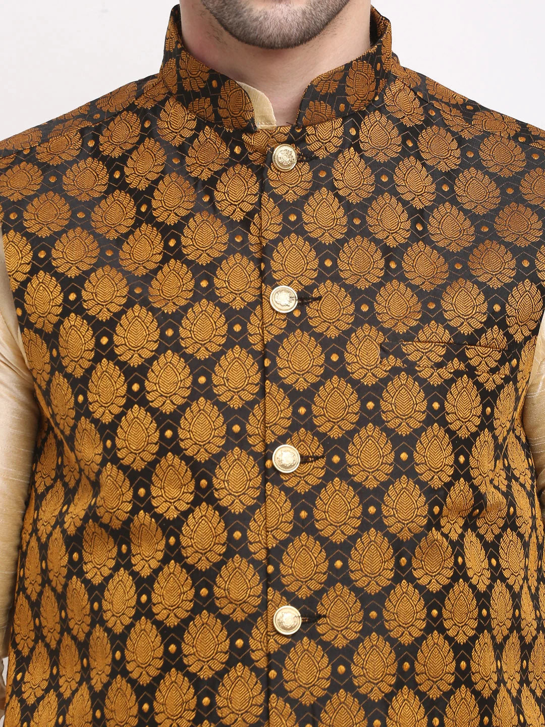 Stylish Mens Kurta Pajama Set with Nehru Jacket in Golden Silk