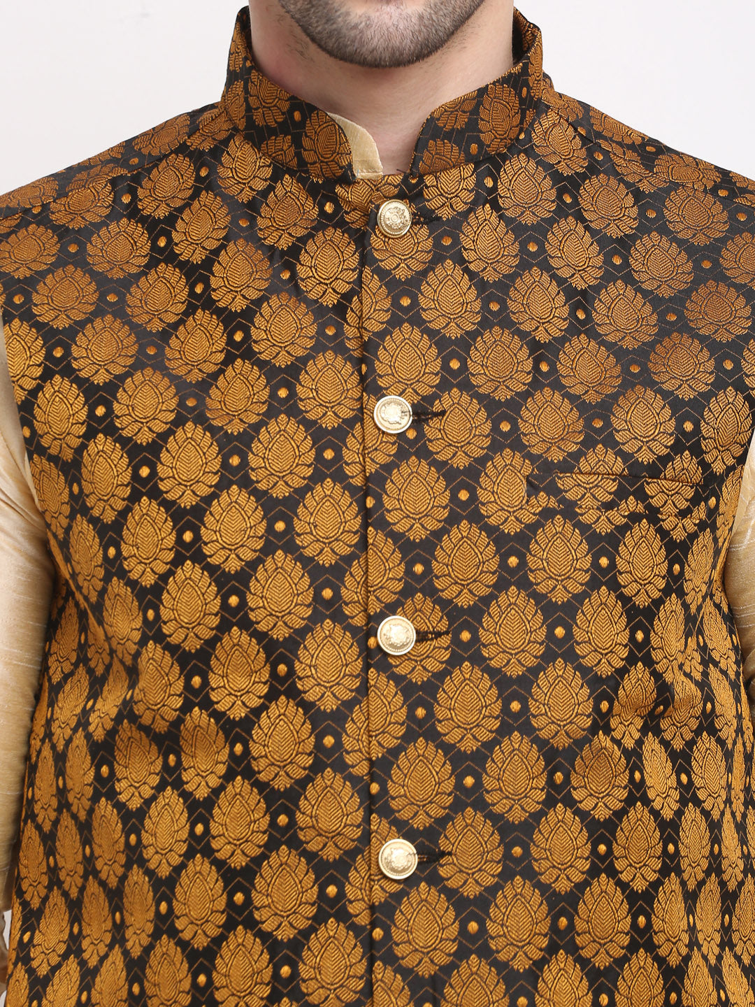 Stylish Mens Kurta Pajama Set with Nehru Jacket in Golden Silk