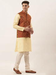 Men's Woven Design Nehru Jacket and Kurta Pyjama Set ( JOKPWC G-D 4026Maroon )-JOKPWC-G-D-4026