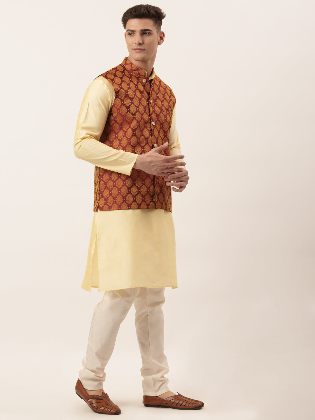Maroon Nehru Jacket Mens Kurta Pajama Set - Woven Design