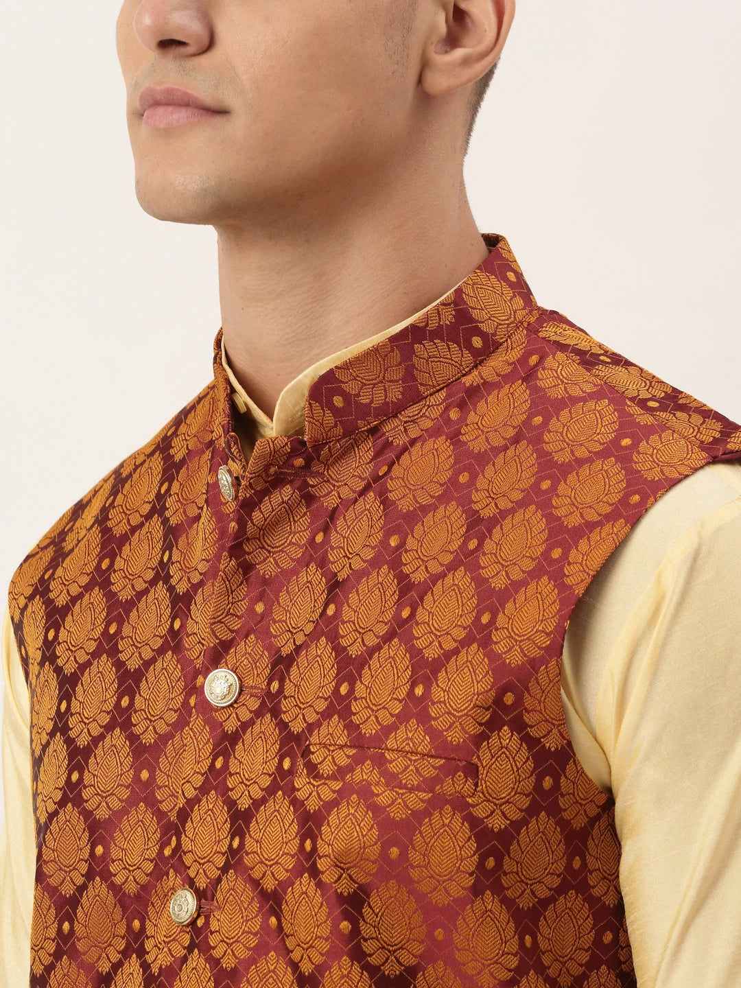 Maroon Nehru Jacket Mens Kurta Pajama Set - Woven Design
