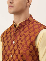 Men's Woven Design Nehru Jacket and Kurta Pyjama Set ( JOKPWC G-D 4026Maroon )-JOKPWC-G-D-4026