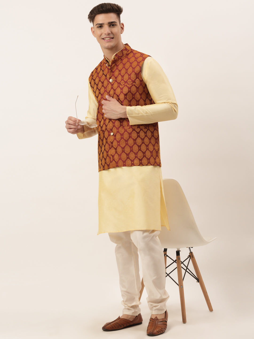 Maroon Nehru Jacket Mens Kurta Pajama Set - Woven Design