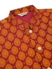 Men's Woven Design Nehru Jacket and Kurta Pyjama Set ( JOKPWC G-D 4026Maroon )-JOKPWC-G-D-4026