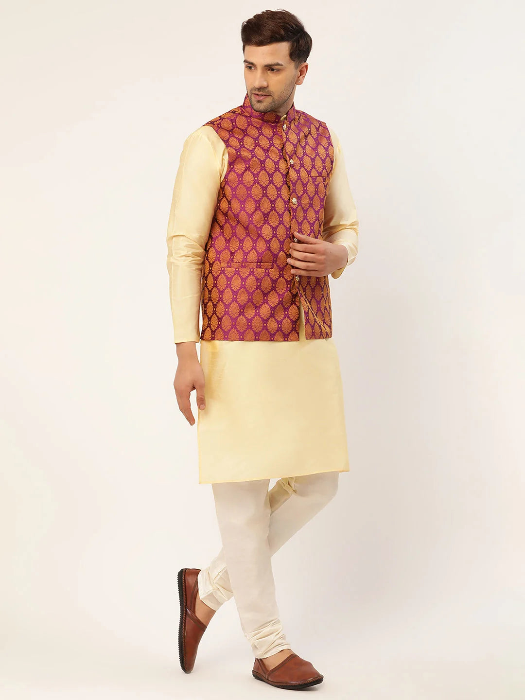 Woven Nehru Jacket and Kurta Pajama Set | Mens Pathani Style