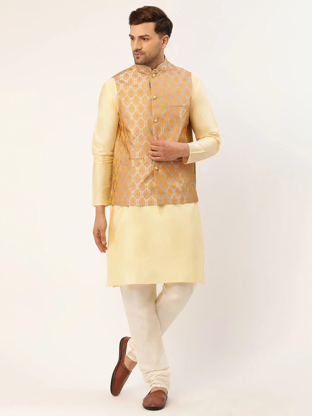 Woven Nehru Jacket Kurta Pajama Set for Men | Pathani Style