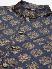 Men's Solid Kurta Pyjama With Floral Navy Printed Nehru Jacket( JOKPWC G-D 4032Navy )