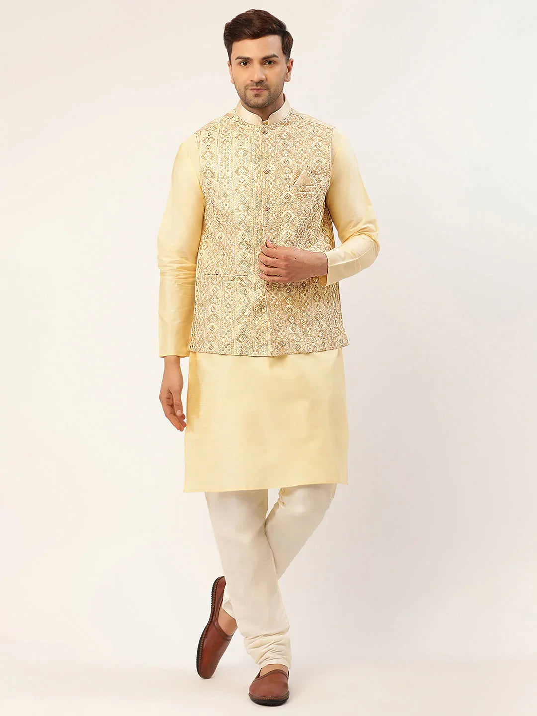 DesiQlo Men Ethnic Set with waistcoat - Beige - JOKPWC_G-D_4038Cream_S