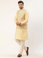 Men's Solid Kurta Pyjama With Cream Embroidered Nehru Jacket( JOKPWC G-D 4038Cream )
