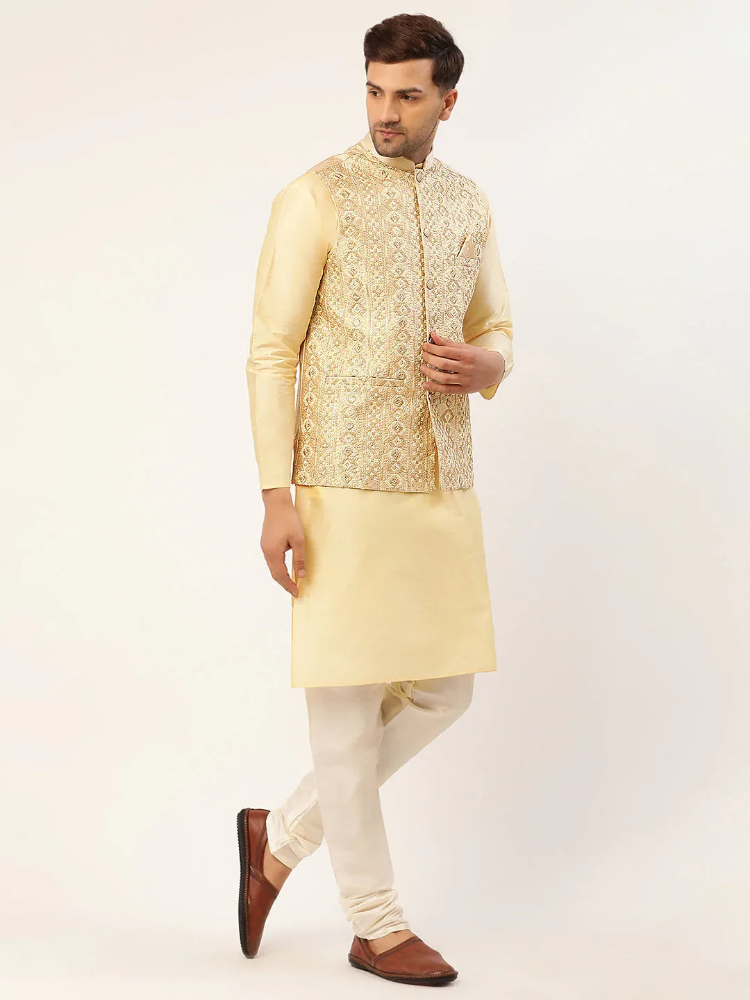 DesiQlo Men Ethnic Set with waistcoat - Beige - JOKPWC_G-D_4038Cream_S