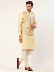 Men's Solid Kurta Pyjama With Cream Embroidered Nehru Jacket( JOKPWC G-D 4038Cream )