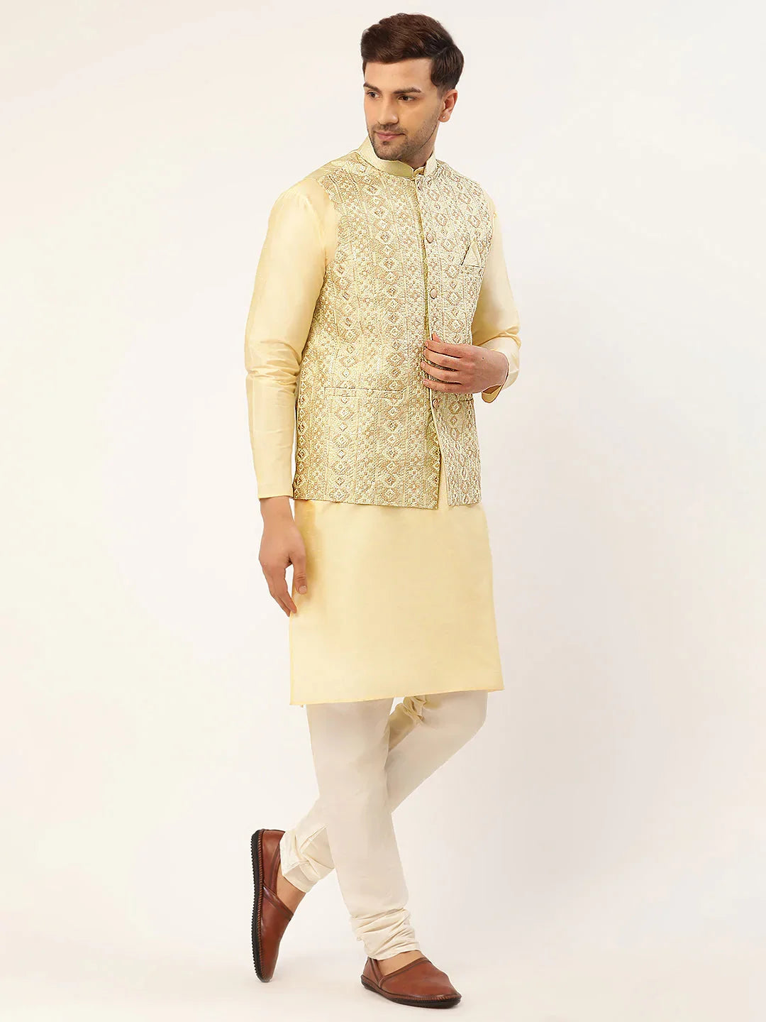 DesiQlo Men Ethnic Set with waistcoat - Green - JOKPWC_G-D_4038Pista_S