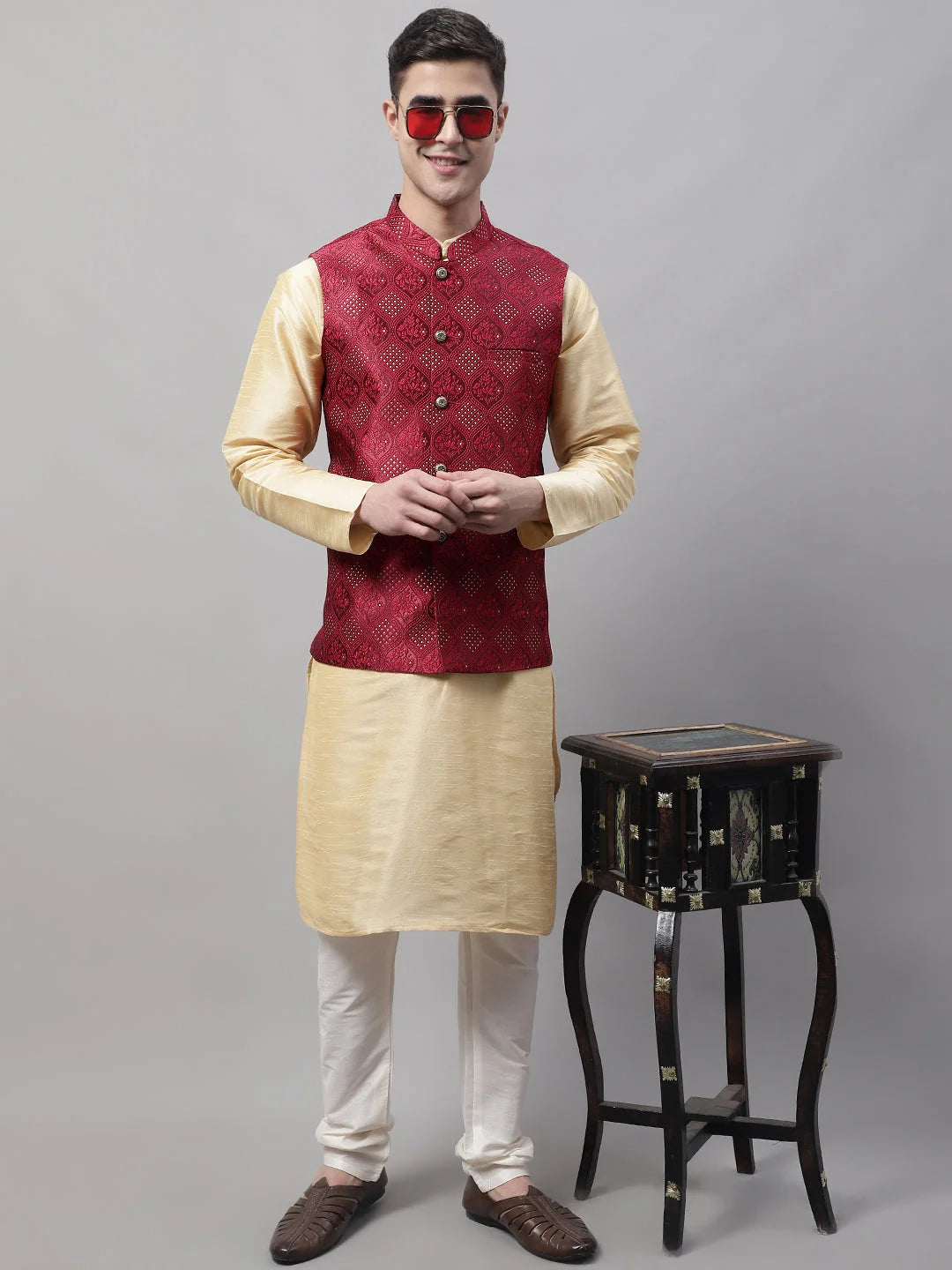 Golden Kurta Pyjama with Maroon Nehru Jacket | Mens Pathani Set