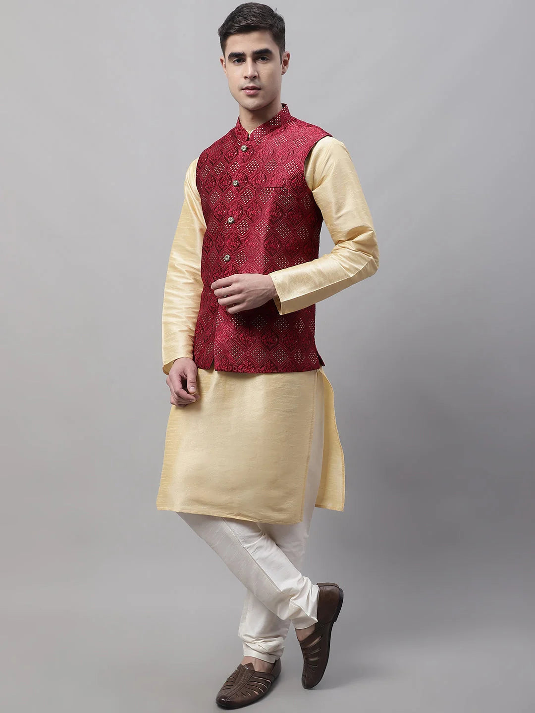 Golden Kurta Pyjama with Maroon Nehru Jacket | Mens Pathani Set