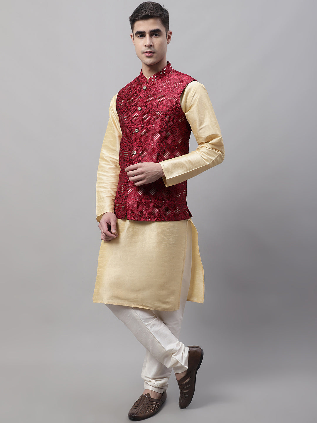 Golden Kurta Pyjama with Maroon Nehru Jacket | Mens Pathani Set