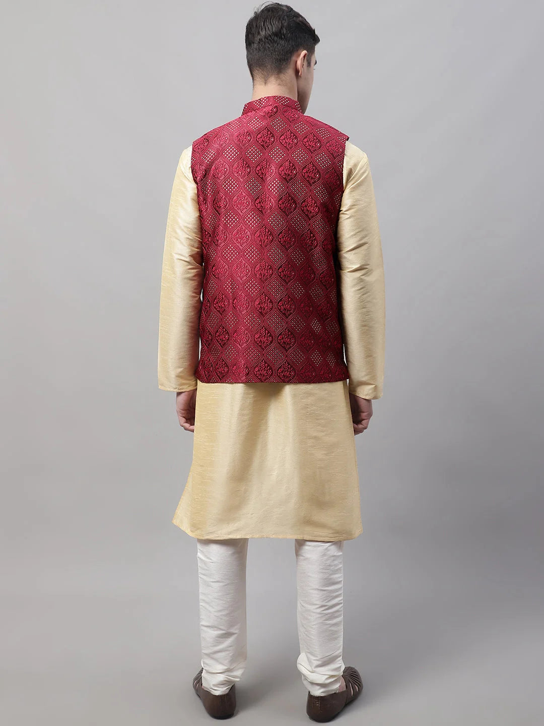 Golden Kurta Pyjama with Maroon Nehru Jacket | Mens Pathani Set