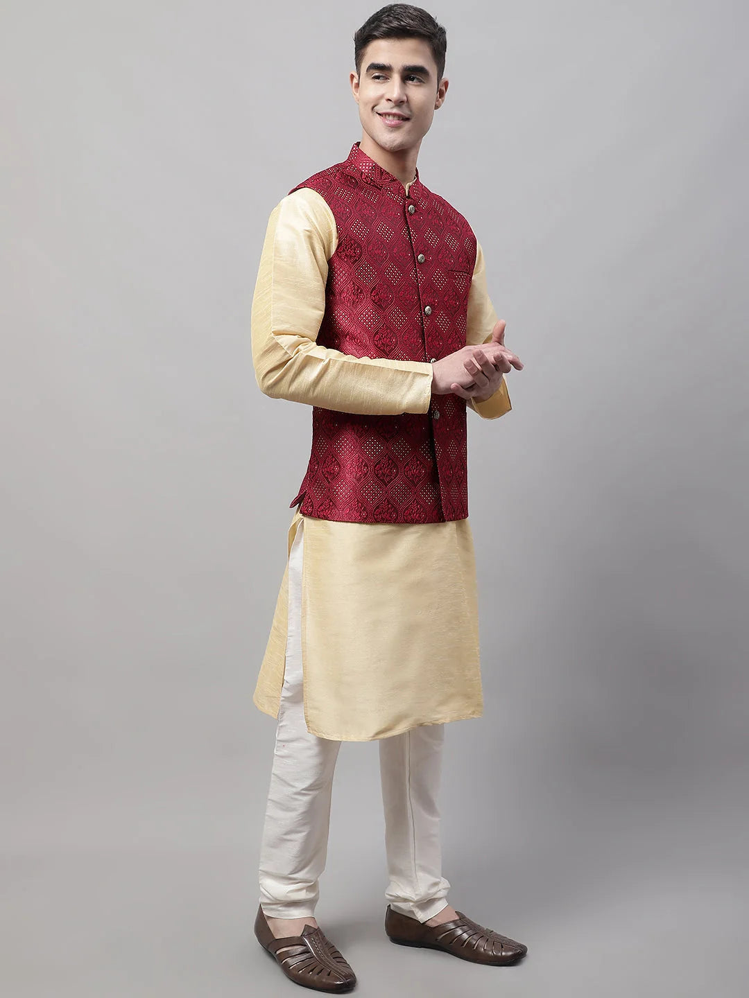 Golden Kurta Pyjama with Maroon Nehru Jacket | Mens Pathani Set