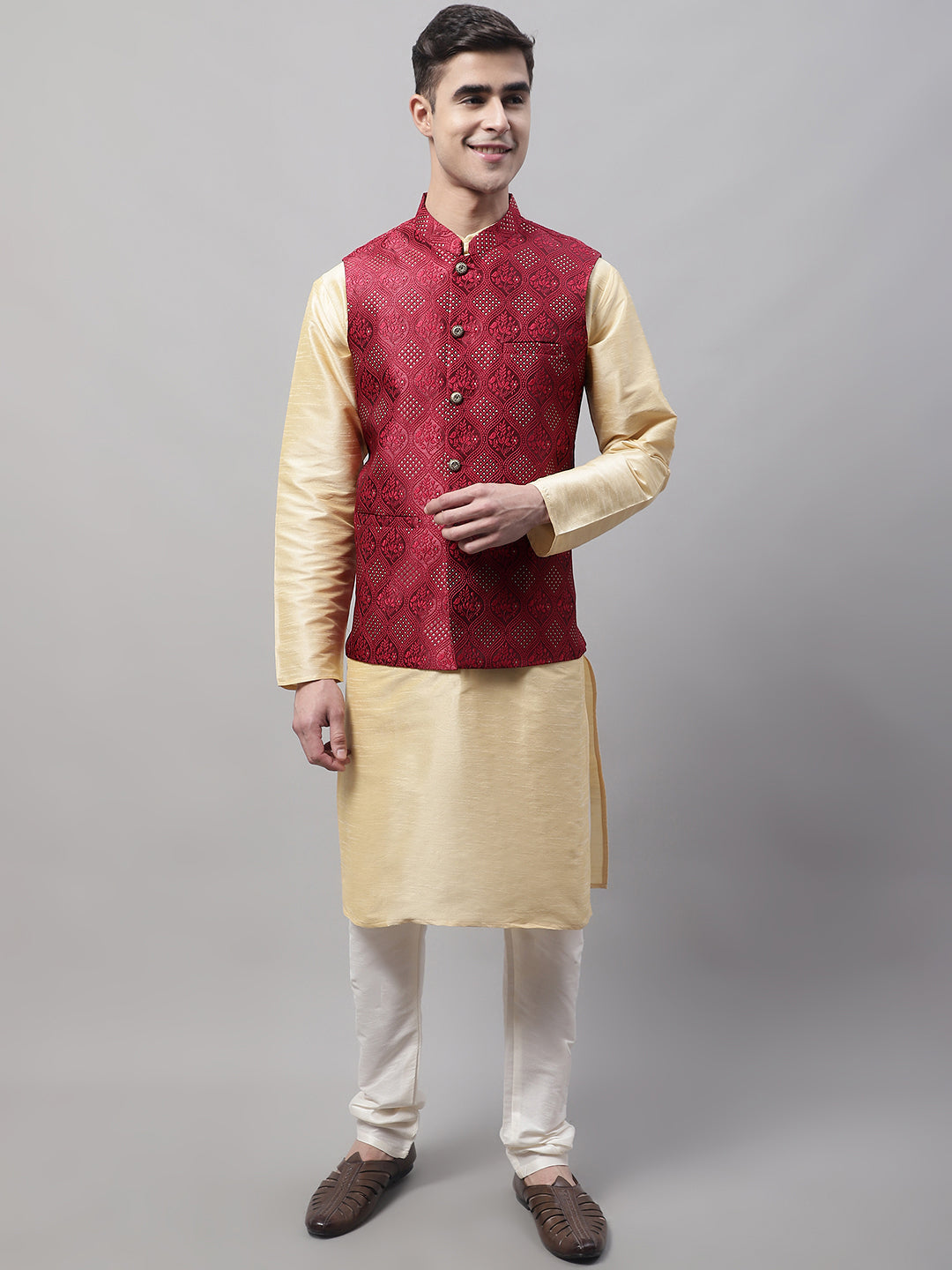 Golden Kurta Pyjama with Maroon Nehru Jacket | Mens Pathani Set