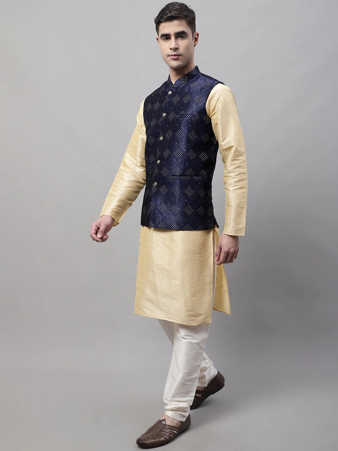 Golden Kurta Pajama with Navy Nehru Jacket | Mens Kurta Collec...