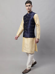 Men Golden Solid Kurta Pyjama with Navy Blue Woven Design Nehru Jacket