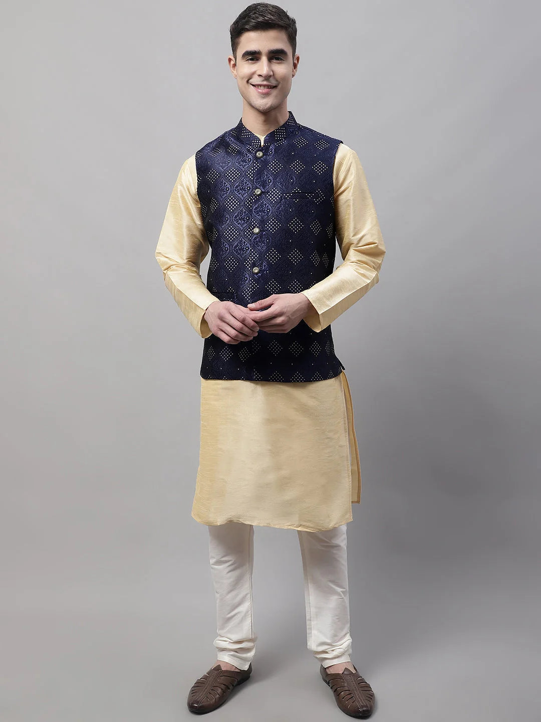 Golden Kurta Pajama with Navy Nehru Jacket | Mens Kurta Collec...